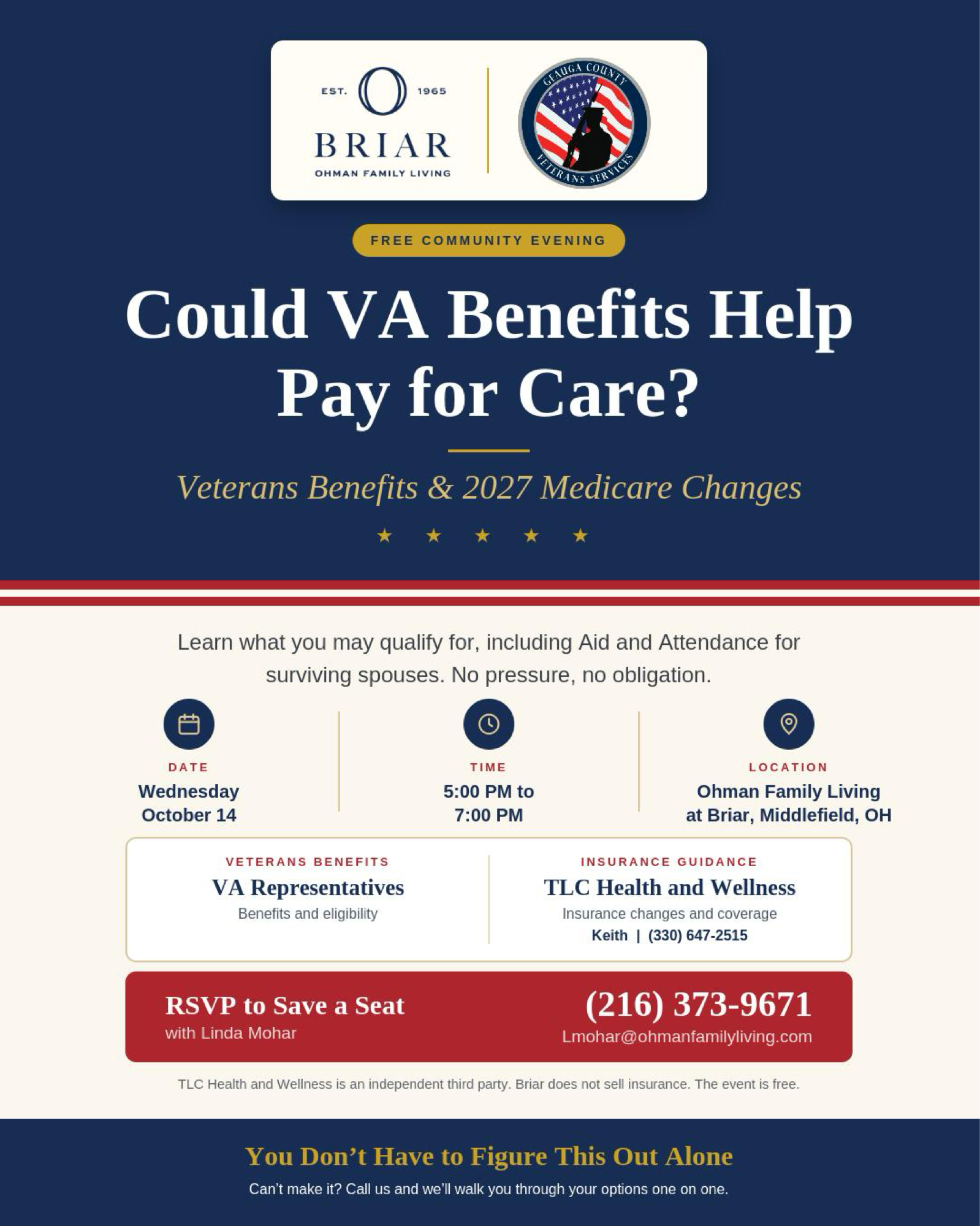 Could VA Benefits Help Pay for Care? Free Community Evening Flyer — Ohman Family Living at Briar