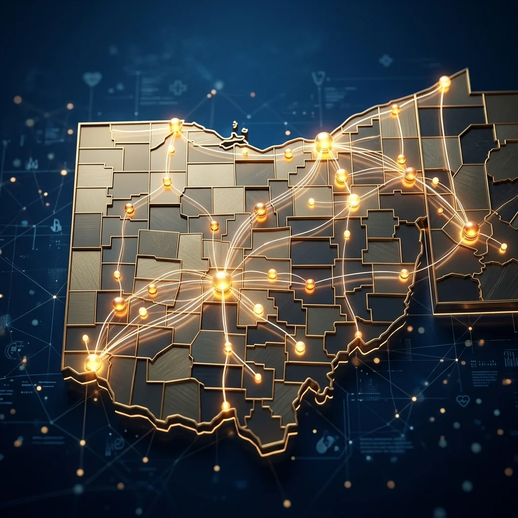 Abstract 3D network map representing hospitals across Ohio and Western Pennsylvania trusting Briar.Health